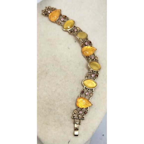 Honey Colored Cabochon Bracelet - Leaf Motif With Rhinestone Accents - Picture 2 of 5